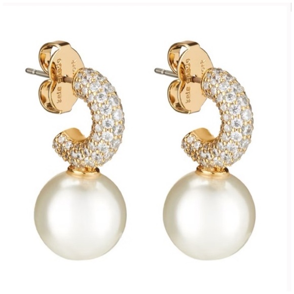 kate spade Jewelry - KATE SPADE • Gold Showtime Crystal Drop Huggies Hoop Pearl Earrings